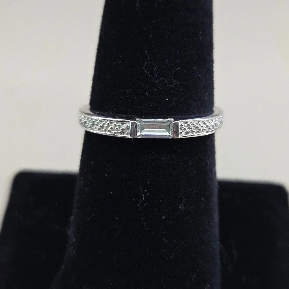 Silver Tone Baguette Accent Band Ring Stackable Minimalist Size 8.5